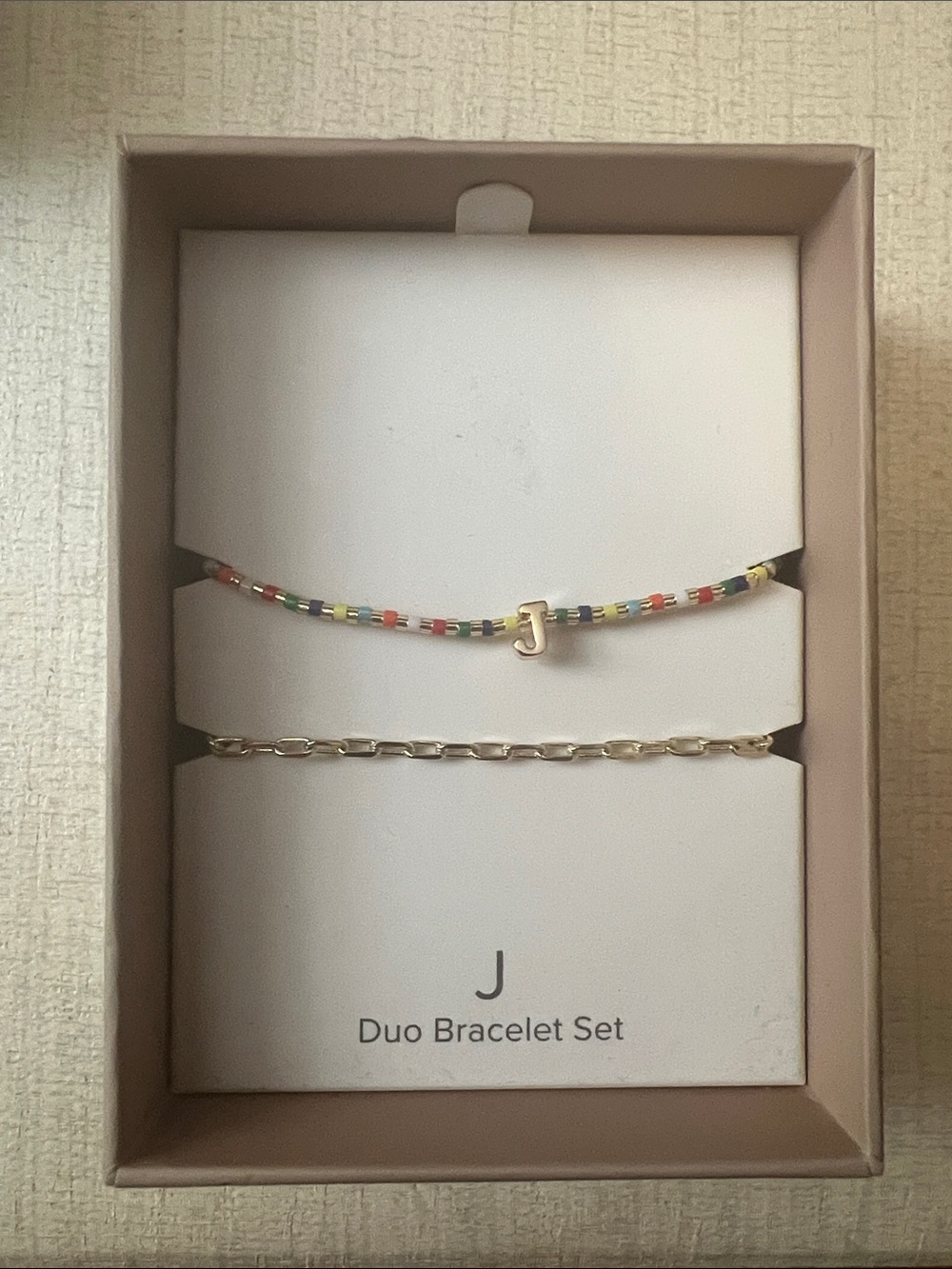 J Duo Bracelet Set - Multicolor Beaded Initial 'J' & Gold Link Bracelet
